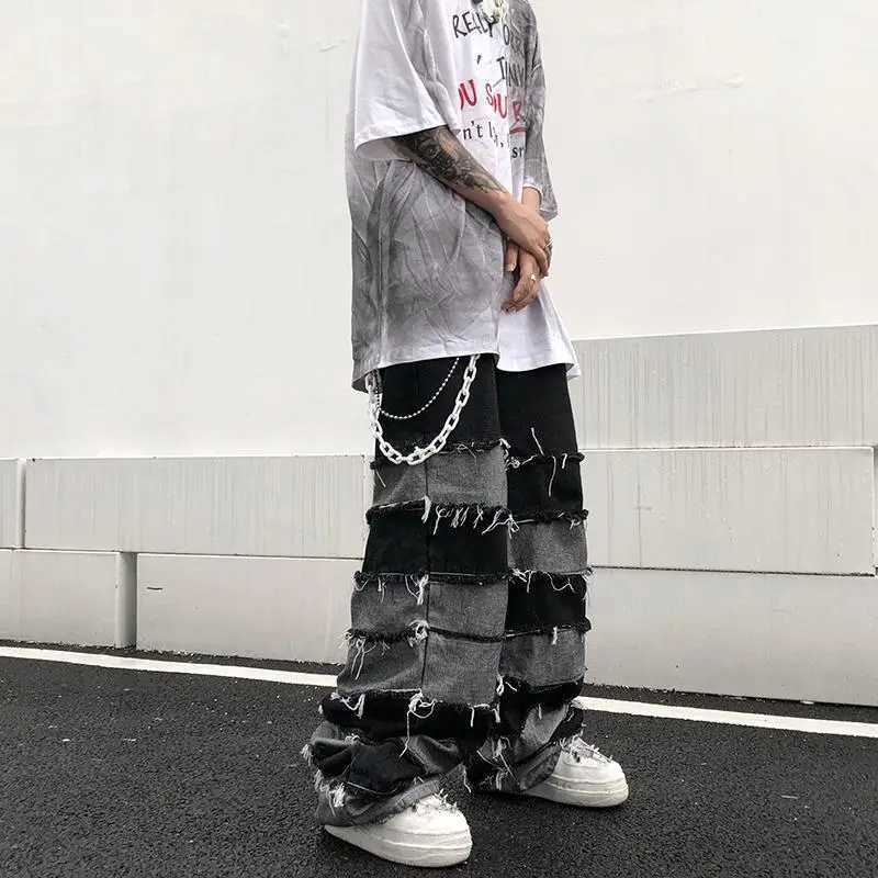 Mäns jeans herrar överdimensionerade retro patch arbetsstil hip-hop bredben denim byxor med trasiga fickor nödställda jeans y2k grunge herr gata kläd