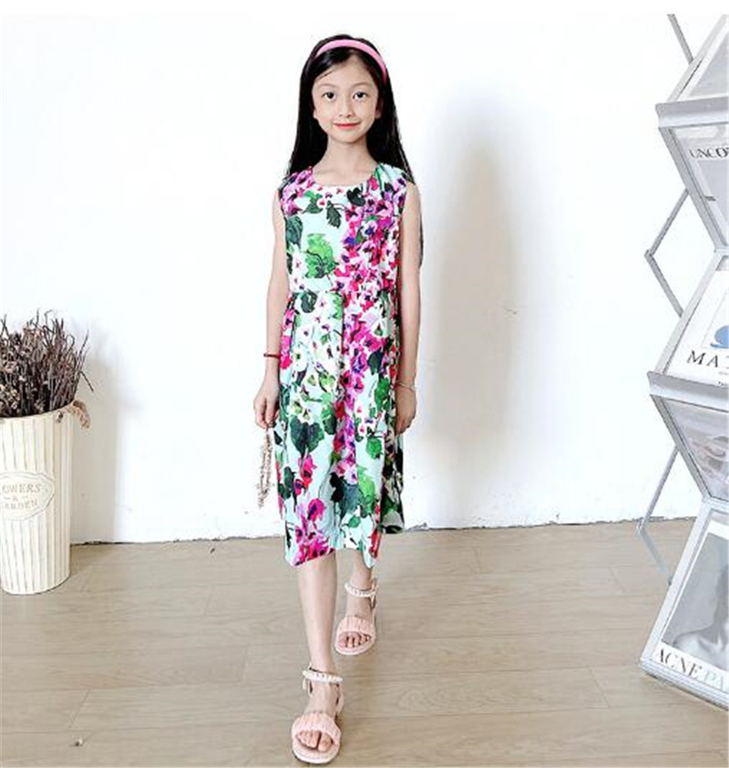New Bohemian Style Girl's Dresses 2024 Summer European and American Full cotton Printed Kids Camisole Fashion Dress