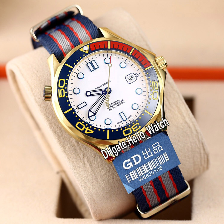 GDF Diver 300M 42mm Commander 007 Mens Watch Miyota 8215 Automatic 212.62.41.20.04.001 White Dial 18K Gold Case Nylon Strap Ceramics Bezel Watches Hello_Watch E282A