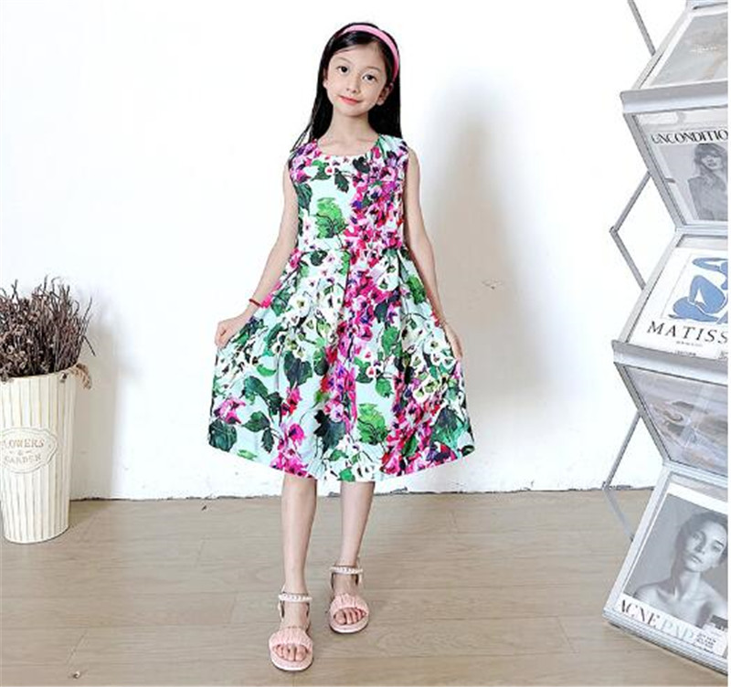 New Bohemian Style Girl's Dresses 2024 Summer European and American Full cotton Printed Kids Camisole Fashion Dress