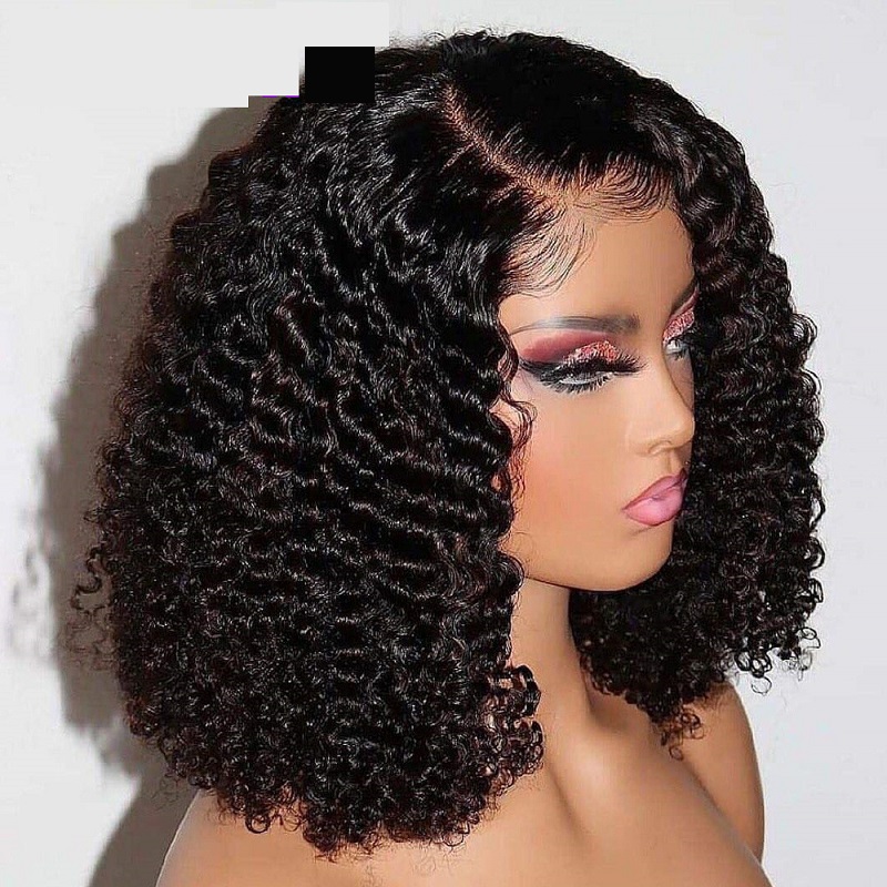 Dames Wig Kinky Curly Bob Wig Bobo Head Set Human Hair Wig 4x1 T Style 180 %