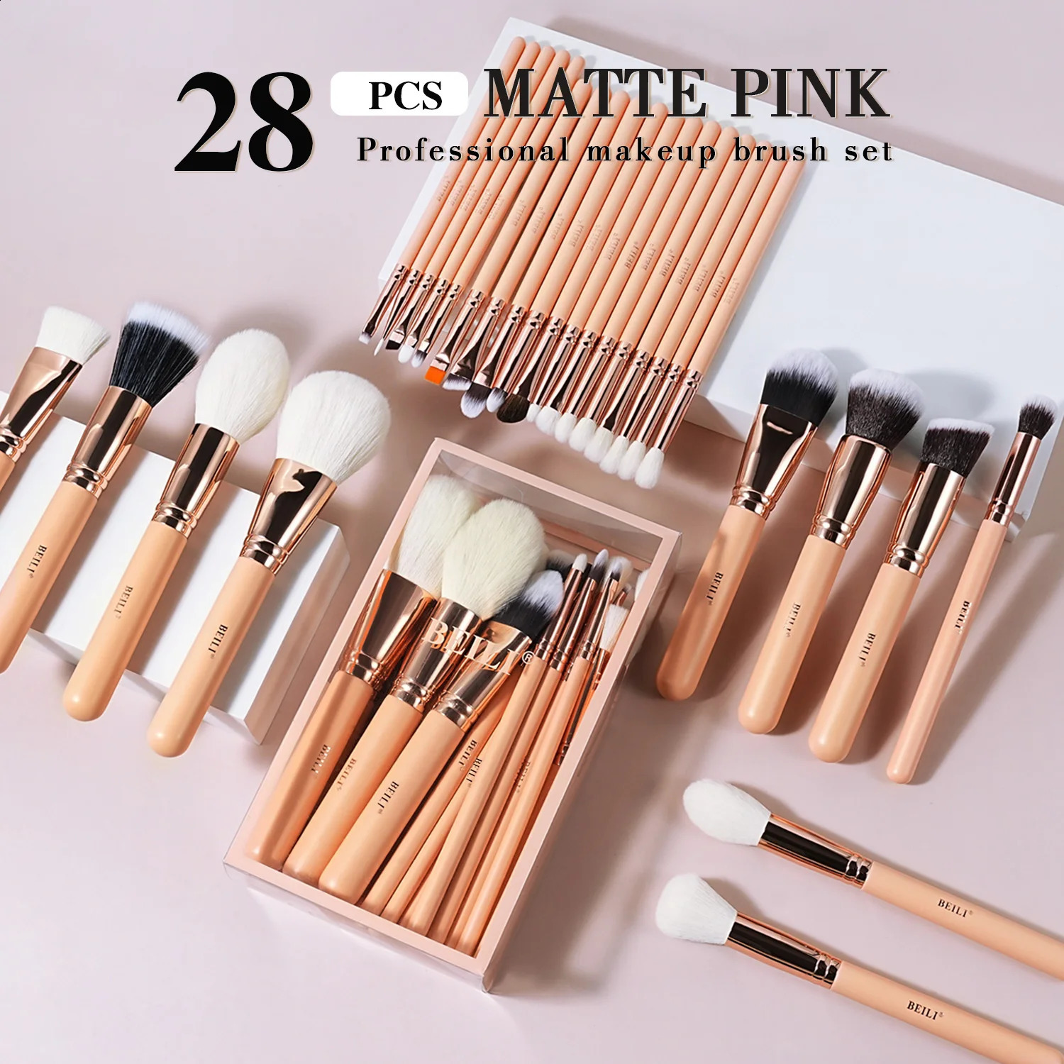 Beili Pink Makeup Borstes Högkvalitativ pulverfundament Blush Eyeshadow Make Up Brush Set Natural Hair 240403