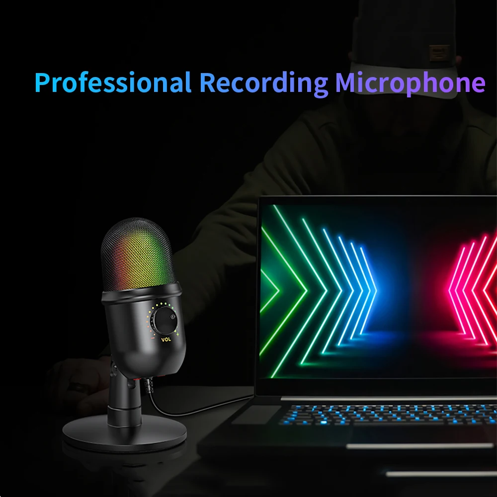 Microfones RGB USB Condenser Microphone Professional Vocals Streams Mic Recording Studio Micro för PC YouTube Video Gaming Mikrofo/Microfon
