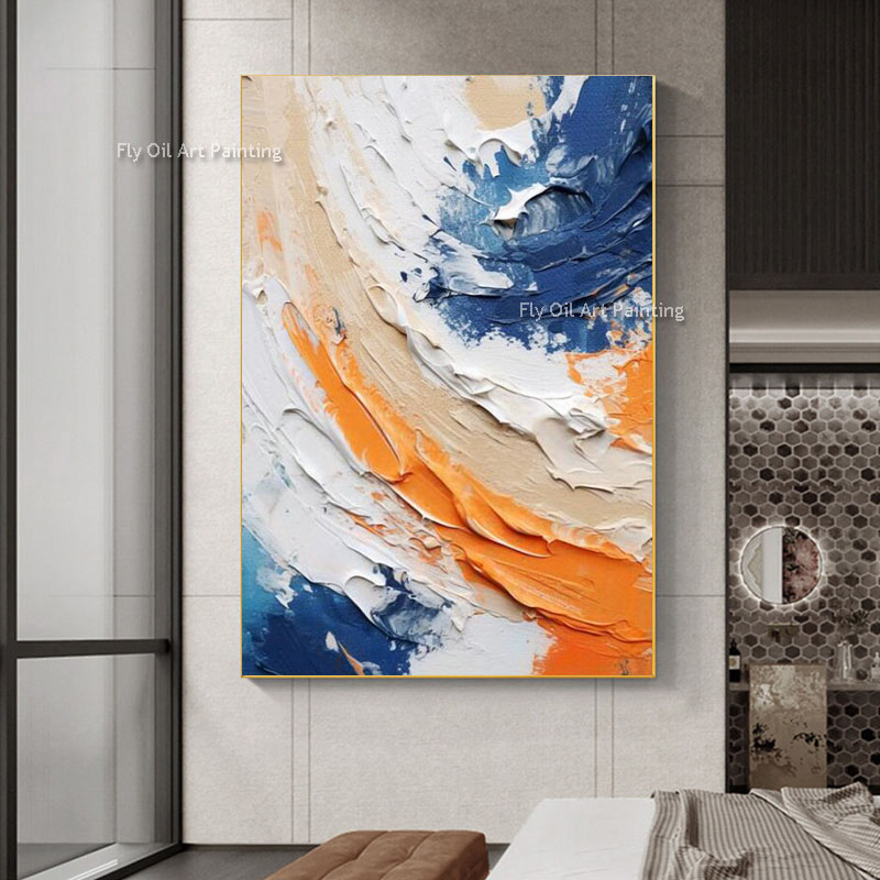 Large Colorful Minimalist Texture Oil Painting Blue White And Orange Texure 100% Handmade Cnavas Wall Art Modern Abstract Painting For Living Room Decor