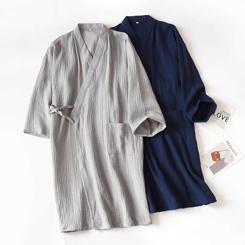Home Kleding Japanse stijl Kimono lente/zomer nieuwe 100% katoenen crêpe dames dunne pyjama's heren badkamer gewaad familieservice pyjamasl2403