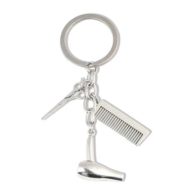 Keychains Lanyards New Hairstylist Keychain Hair Salon Key Ring Dryer Scissors Comb Chain Hairdresser Gifts For Women And Men DIY Jewelry Q240403