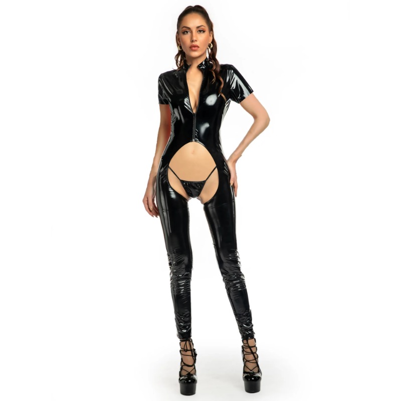 Sexy Faux Leather PVC Wetlook Erotic Hollow Out Zipper Open Entre-croot Suit Fétisan Body exotique Lingerie Latex Catsuites Shiny