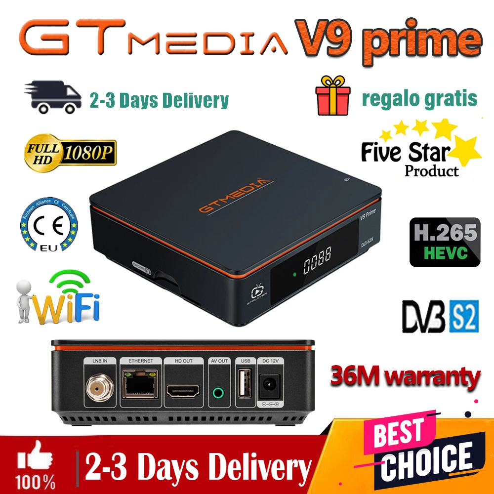 Boîte H.265 GTMedia V9 Prime Satellite Receiver FTA Bulitine WiFi Amélioré V9 Super Power by Gtmedia V8X 1080P Fast TV Box Full HD