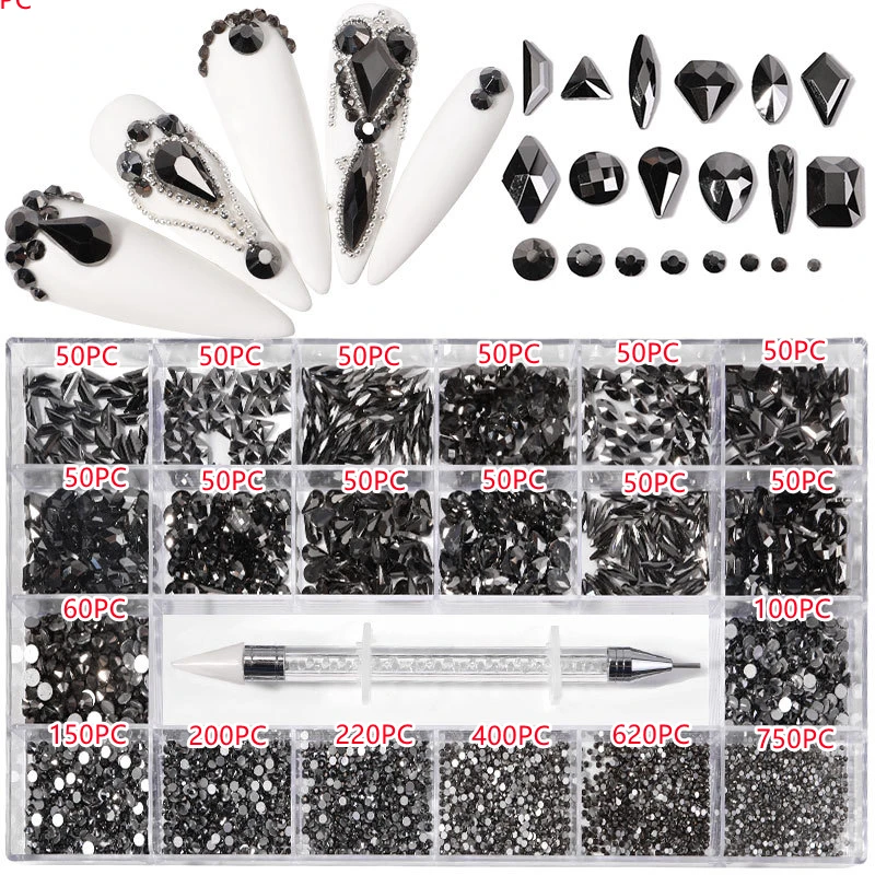 Urządzenia Flatback Nail Art Rhinestone Zestaw /pudełko Mieszany Diament Kryształowy Kryształowy Kryształowy Diament w Kształcie z 1 piórem do dekoracji