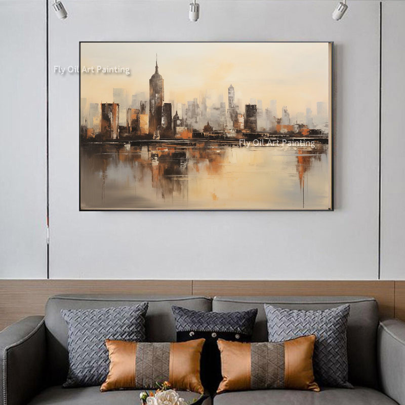 New York landschap zonsondergang 100% handgeschilderde muur kunst decor voor woonkamer abstract olieverfschilderij muur kunst textuur canvas schilderij