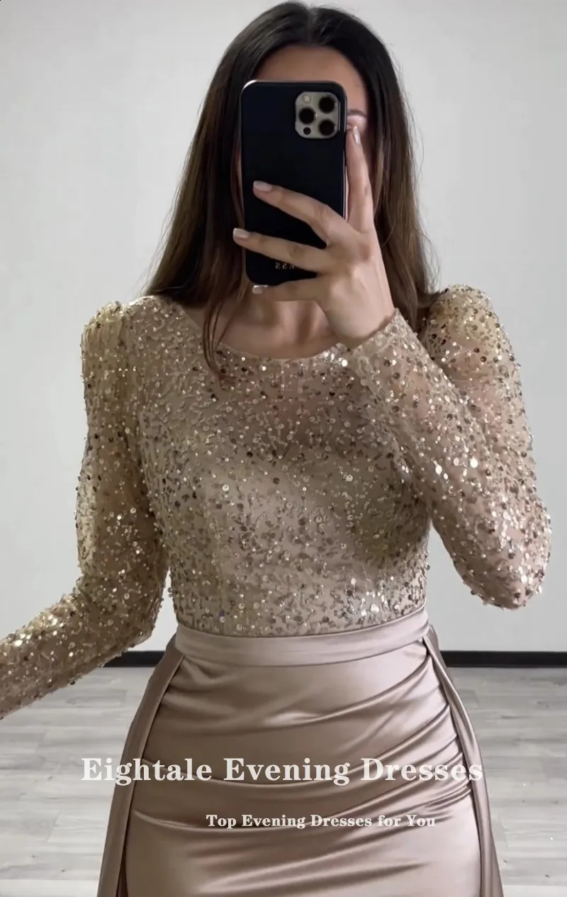 Robe de soirée huitième brillante avec jupe détachable manches longues personnalisées sirène de promotion de bal de bal à robe de soberee femme 240328