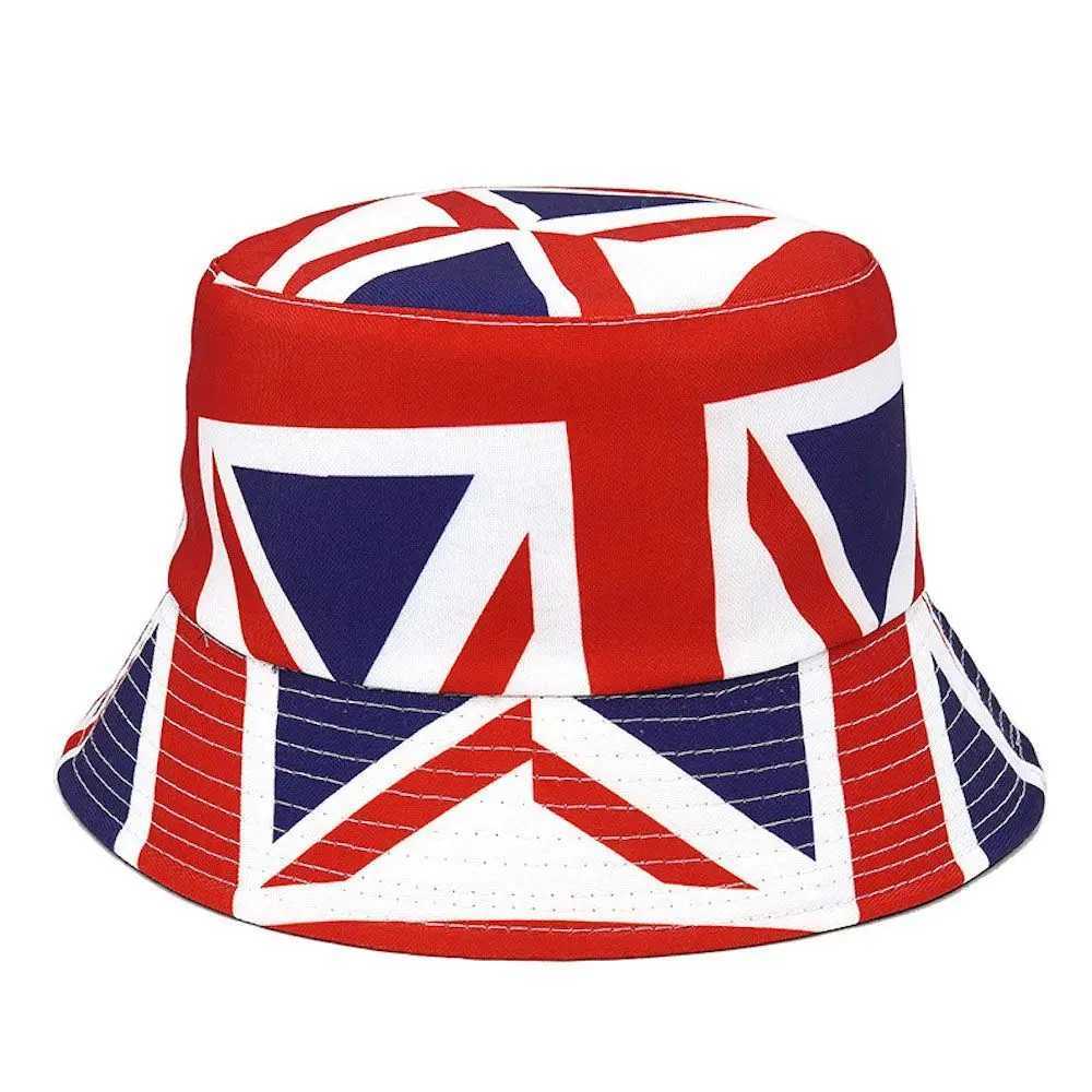 Breda randen hattar hink sommarflaggan union jack dubbelsidig hatt kvinnor panama utomhus vikande sol unisex hip hop q240403
