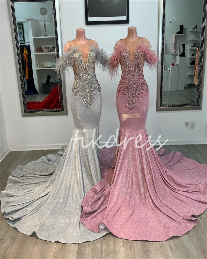 Shine Silver Prom Dress For Black Girls 2024 Off Shoulders Crystal Diamond Feather Evening Dress Mermaid Birthday Formal Dress Luxury Ceremony Vestidos De Noite