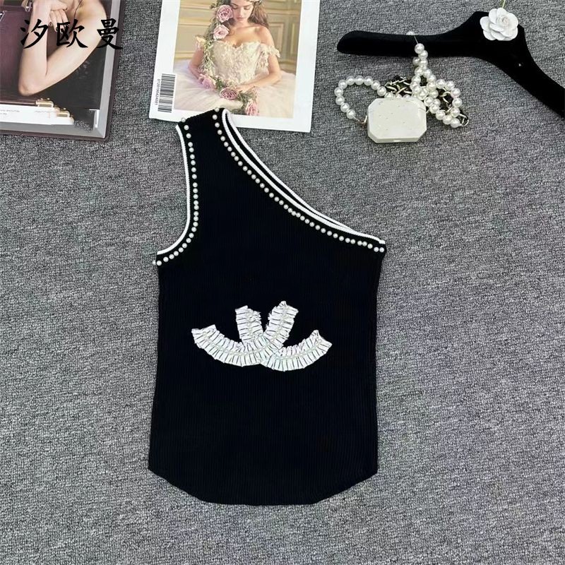 Women's new design candy color single shoulder knitted logo embroidery slim waist tanks camis SML