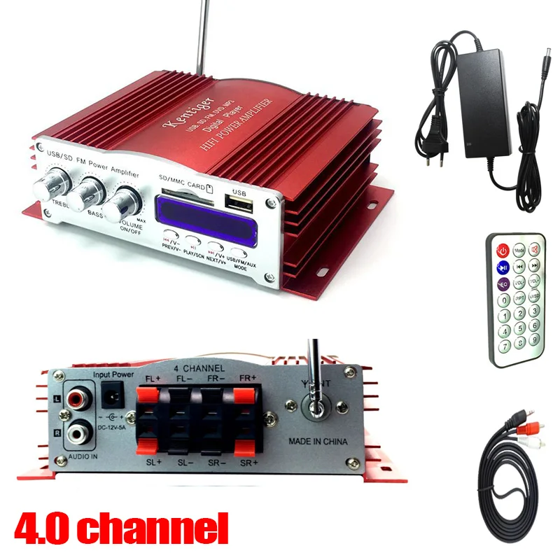 Radio Kentiger 3001 4 -kanalförstärkare med fjärrkontroll USB/SD -kortspelare FM Radio 12V5A Power Adapter och AUX Cable Valfritt