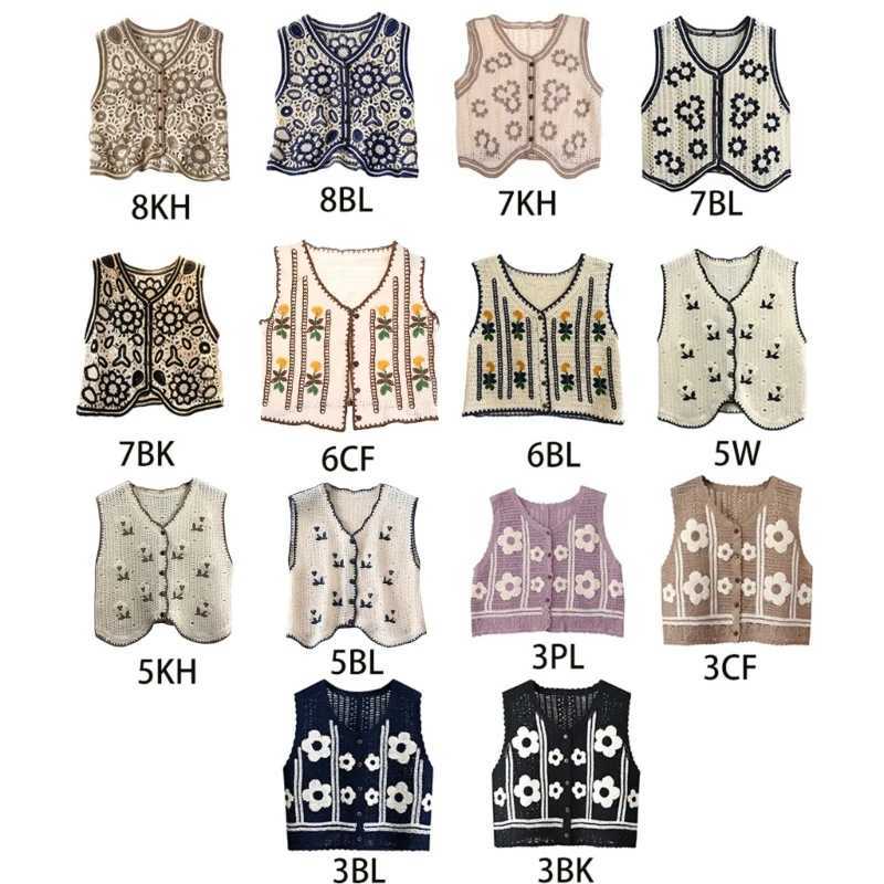 Women's Vests Boho Women Crochet Knit Vest Waistcoat Vintage Colorful Floral Pattern Sleeveless Cardigan for Jacket Hippie V-Neck CropL2403