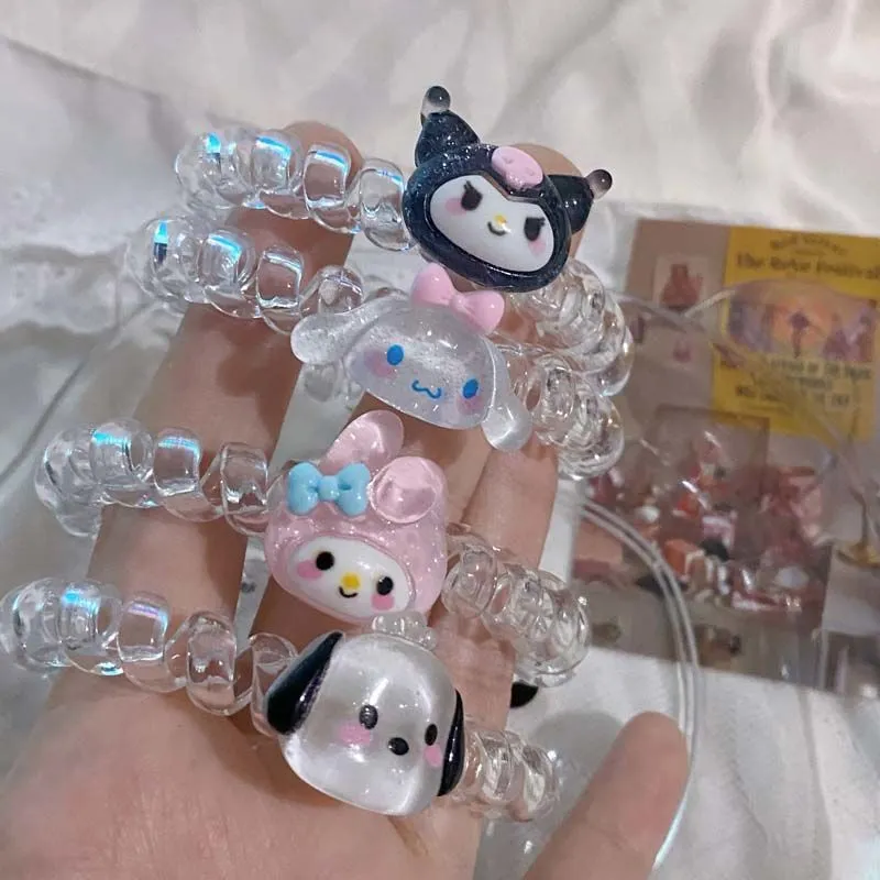 Kuromi Style Telephone Wire Cord Gum Hair Tie Girls Transparent Elastic Hair Band Ring Rope Bracelet Stretchy Scrunchy