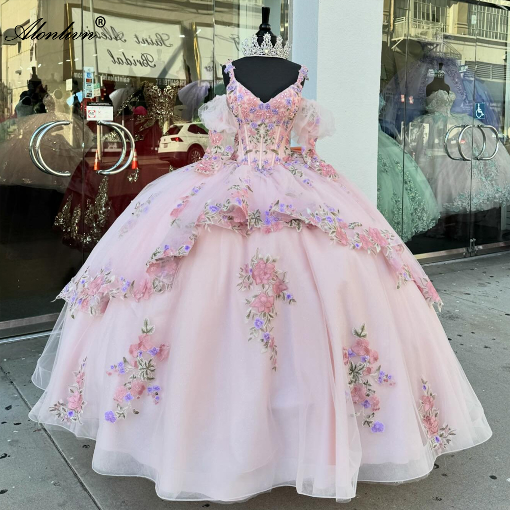 زهور قابلة للتصنيع المطبوعات V-neck quinceanera ball ball spaghetti أحزمة الأكمام Quince Dresses الأميرة