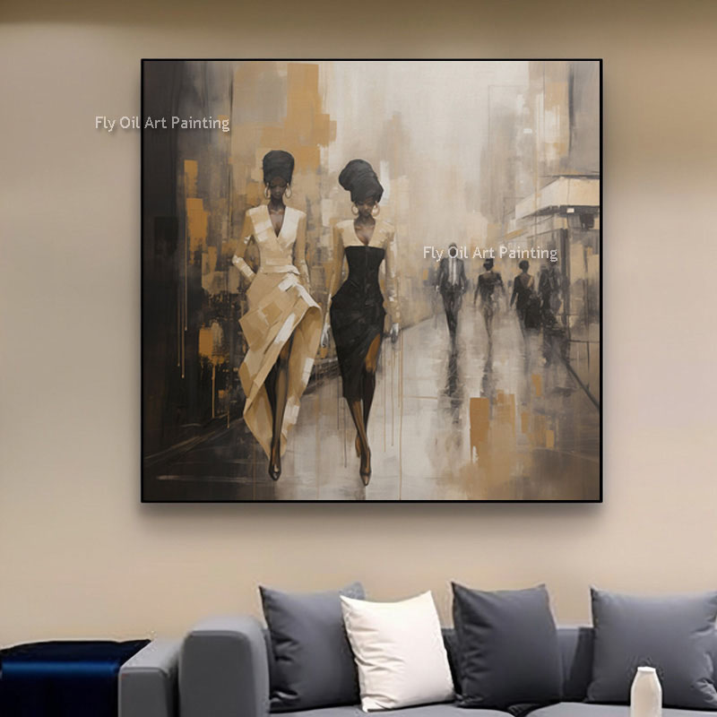 Abstract moderne vrouw wandelen op straat olie schilderij handgemaakte straat scape canvas muurkunst voor woonkamer thuis schilderijen kantoor decor