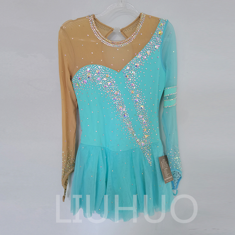 LIUHUO Customize Colors Figure Skating Dress Girls Ice Skating Dance Skirt Quality Crystals Stretchy Spandex Dancewear Ballet Light Blue