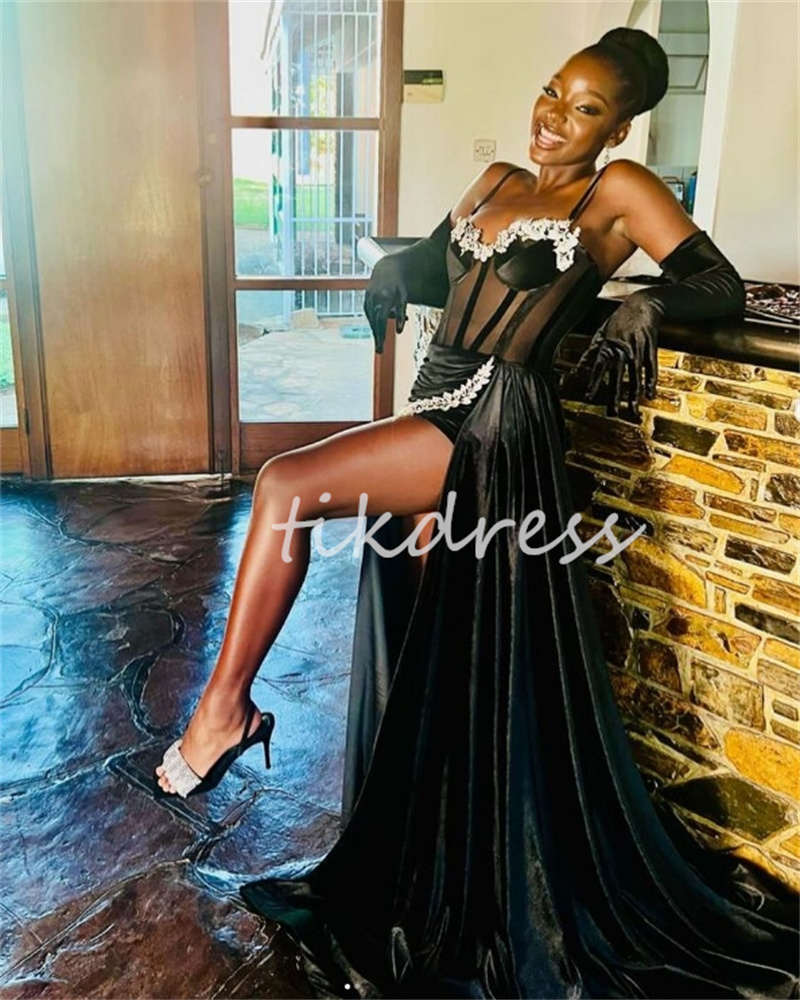 Sexy High Slit Prom Dresses For Black Girls Spaghetti Straps Velvet See Through Birthday Formal Dress Beaded African Evening Gown 2024 Vestidos De Fiesta Elegant