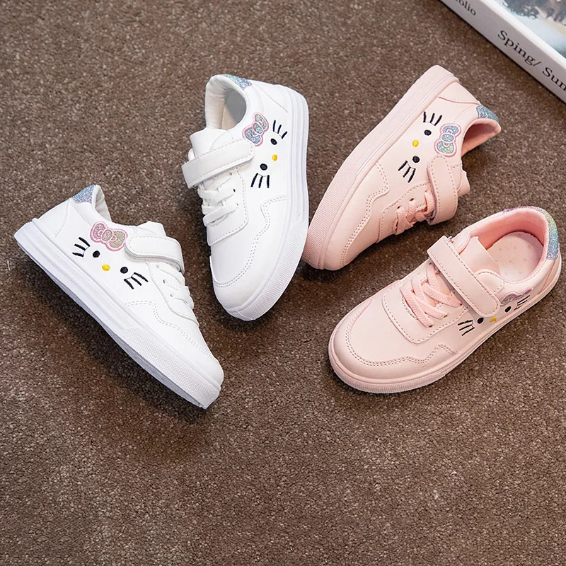 Sneakers Young Children Casual Shoes Cute Cat White Pink Girls Shoes Pu Waterproof 2536 For Girls Sneakers Dropshipping