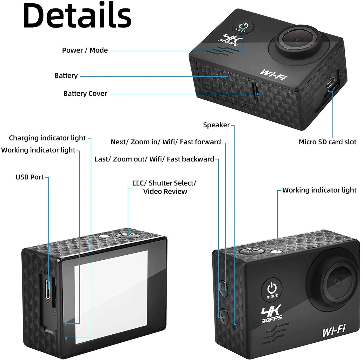 Камеры горячая продажа камера Ultra HD 4K 30 кадров в секунду Wi -Fi 2.0inch 170d подводный водонепроницаемый шлем видео видеозапись спортивная камера
