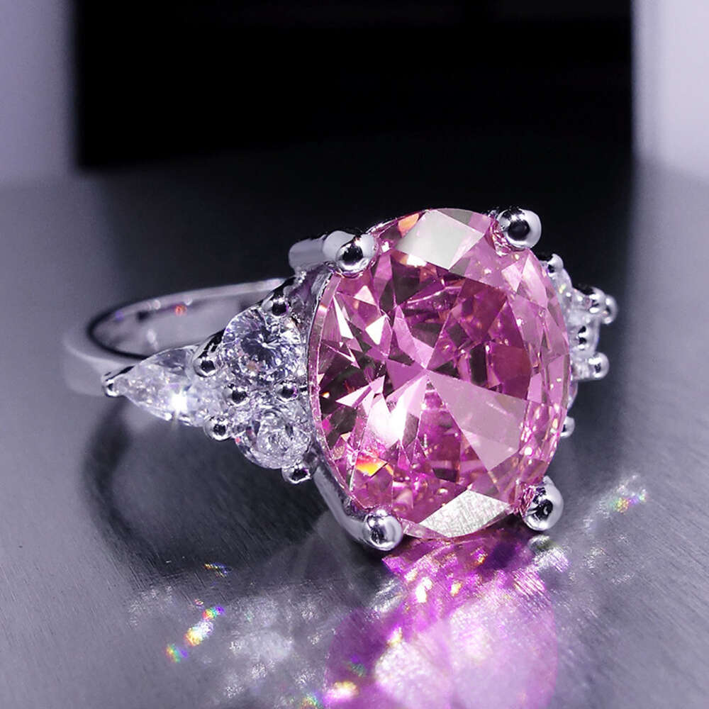 Pink Zirkon Big Oval Stone Ring Frauen glänzende Kristall -Verlobungsringe für Frauen Vintage Roségold Sier Farbe Hochzeit Schmuck