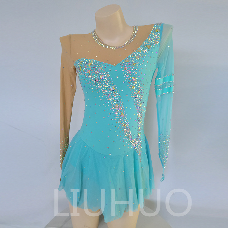 LIUHUO Customize Colors Figure Skating Dress Girls Ice Skating Dance Skirt Quality Crystals Stretchy Spandex Dancewear Ballet Light Blue