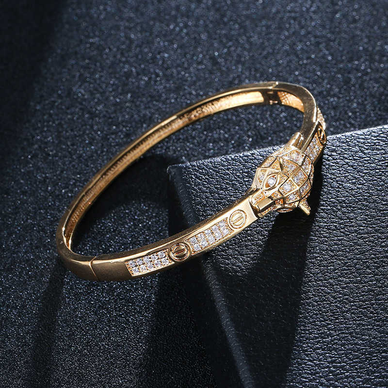 Luksusowy oryginalny projektant 1to1 bransoletki biżuteria 18k złota karta lamparta głowa mikro inkrustowana cyrkon Pierścień bransoletki z logo