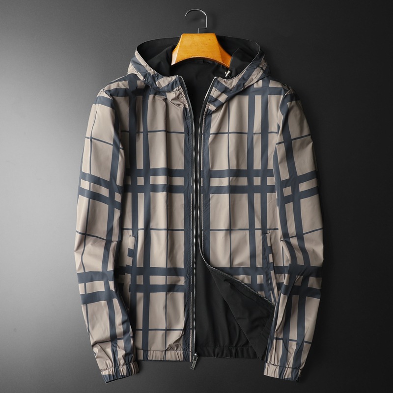 デザイナージャケット春と秋の新しいメンズスリムフィットファッションラベル両面​​ハイエンドジャケットフード付き格子縞のジャケット