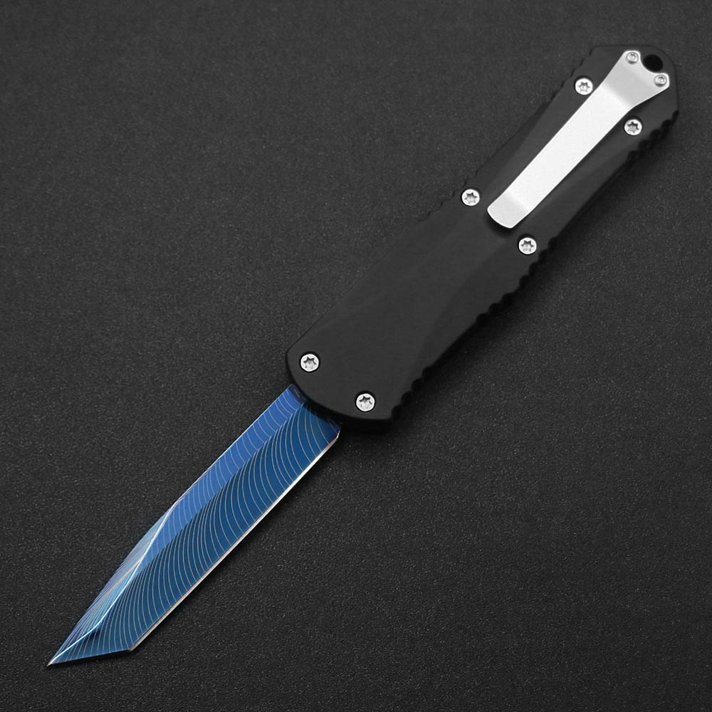 H07 Heavy Duty Outdoor Pocket Tactical Automatic Knife Electroplated Blue blade feather pattern zinc-aluminum handle 440 steel EDC hunting multi-purpose tool