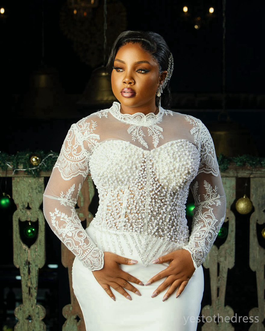 プラスサイズのaso ebi mermaid lide for pride illusion ilusion bridal gowns long treeves beaded pearls dorated docorated wedding gowns for african nigeria black women girls d198