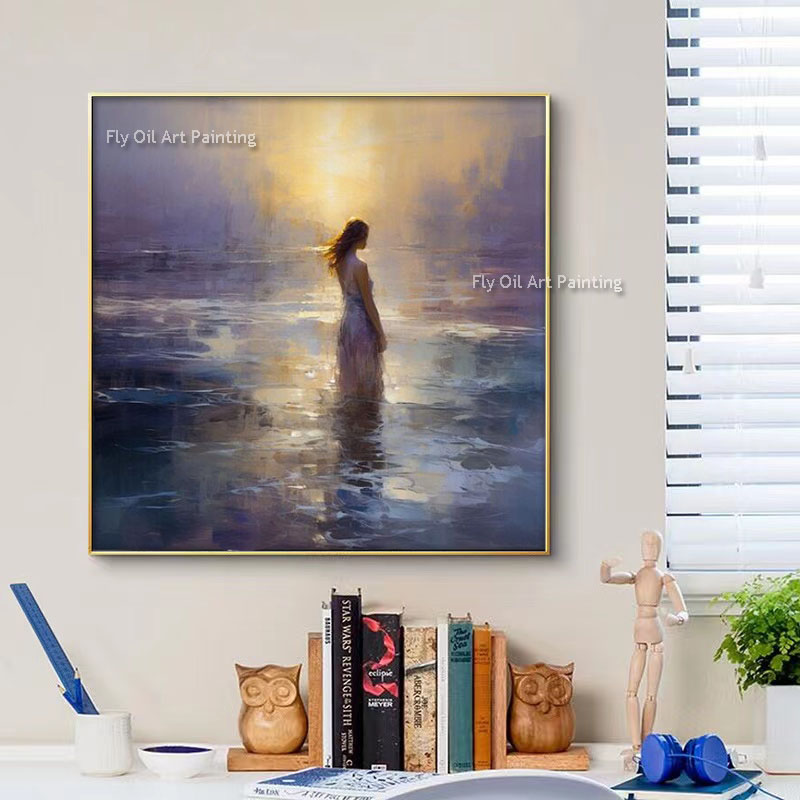 Lonely Woman In the Ocean 100% Handmade Sunset Seascape Canvas Art Woman In White Dress Textured Painting Abstract Oil Painting Modern Art For Home Decor