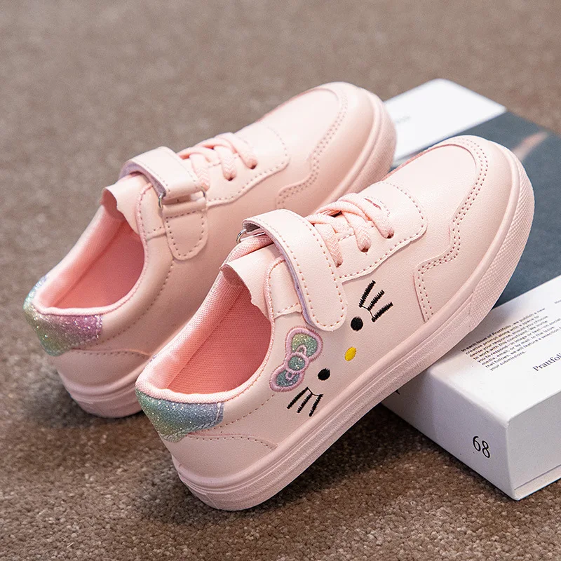 Sneakers Young Children Casual Shoes Cute Cat White Pink Girls Shoes Pu Waterproof 2536 For Girls Sneakers Dropshipping