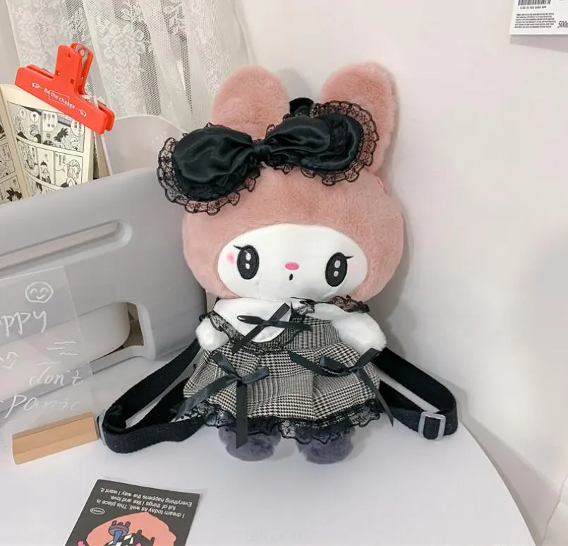 Kawaii Kuromi Melody Plush Backpack Soft Plush Zipper Double Shoulder Bag Kids School Bag Birthday Gift