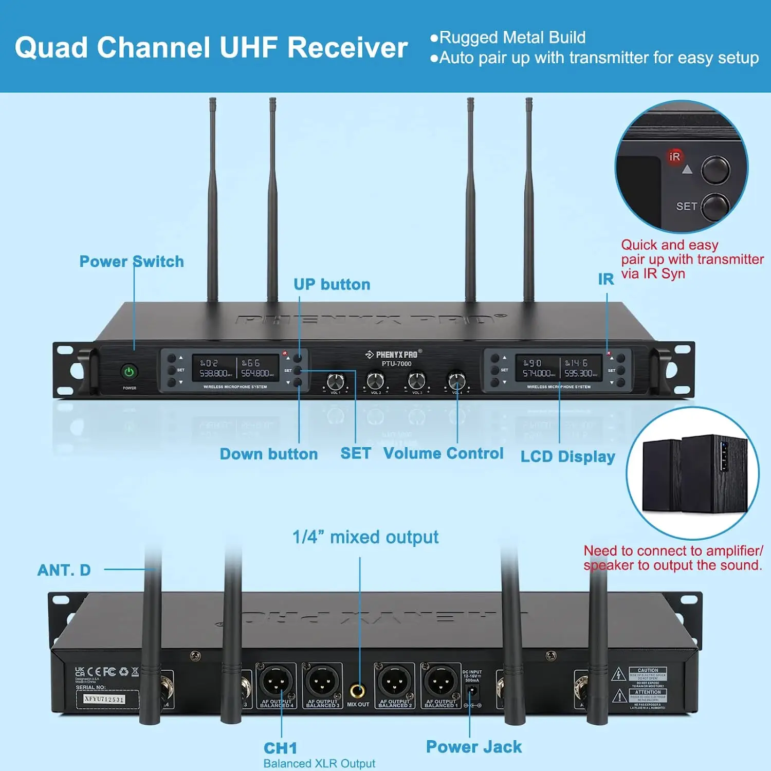 Microphones Phenyx Pro 4x40 Channels Wireless Microphone System Cordless Mic Set Auto Scan 328ft/m Coverage for DJ Church Events PTU7000