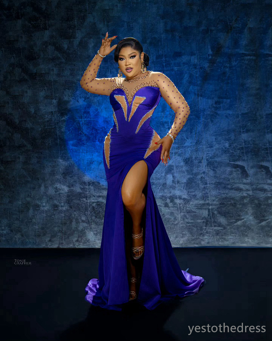 2024 Plus taille Aso Ebi Robe de bal pour occasions spéciales Illusion Sirène côté partage des robes de soirée perlées