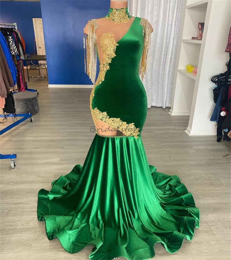 Vestidos de baile verde e dourado 2024 Lindas garotas pretas Mermaid Velvet de veludo com borla de festas de aniversário formal Aso Ebie Luxury vestidos de noite abiye