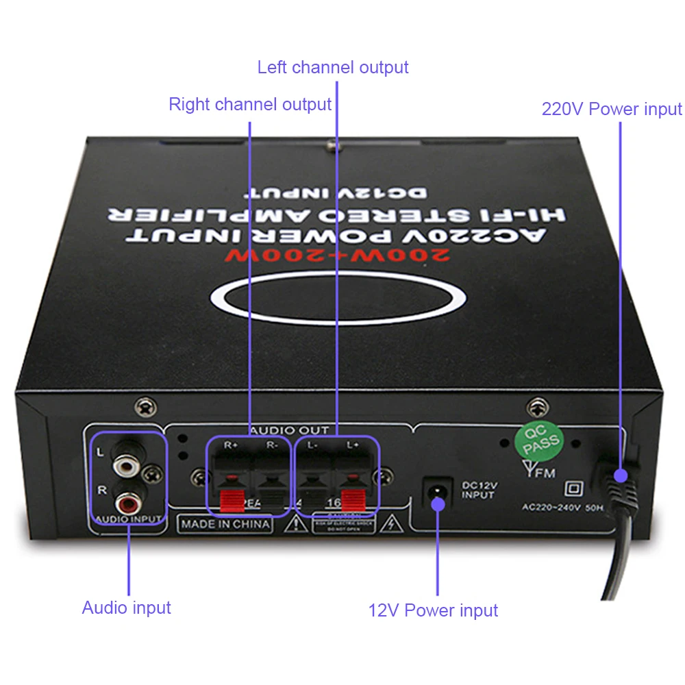 Amplificador sem fio Bluetooth 5.0 amplificador de energia de áudio Receptor estéreo amplificador de alta potência amplificador de potência de canal duplo 200W