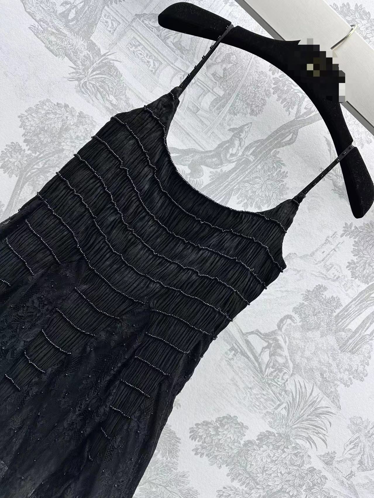 2024 Spring Black Spaghetti Riem mesh garen kralen vrouwen jurk ontwerper high -end dames runway jurk Vestidos de festa 4086