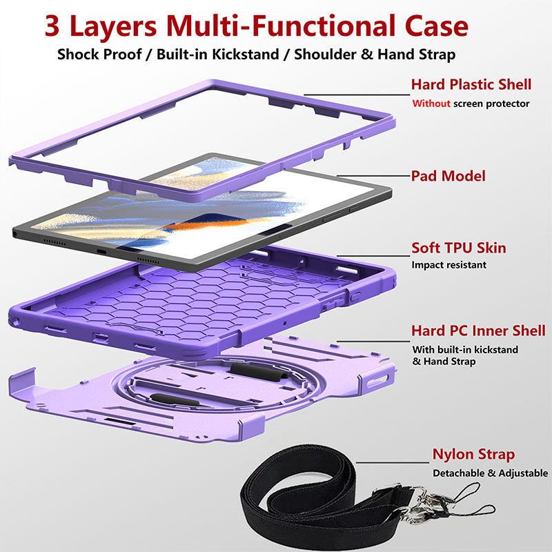 Rugged Case for Sam Tab A8 10.5 inch TPU+PC Case, Heavy Duty Shockproof with Hand Strap 360 Degree Rotatable Kickstand Protective for T220/T225