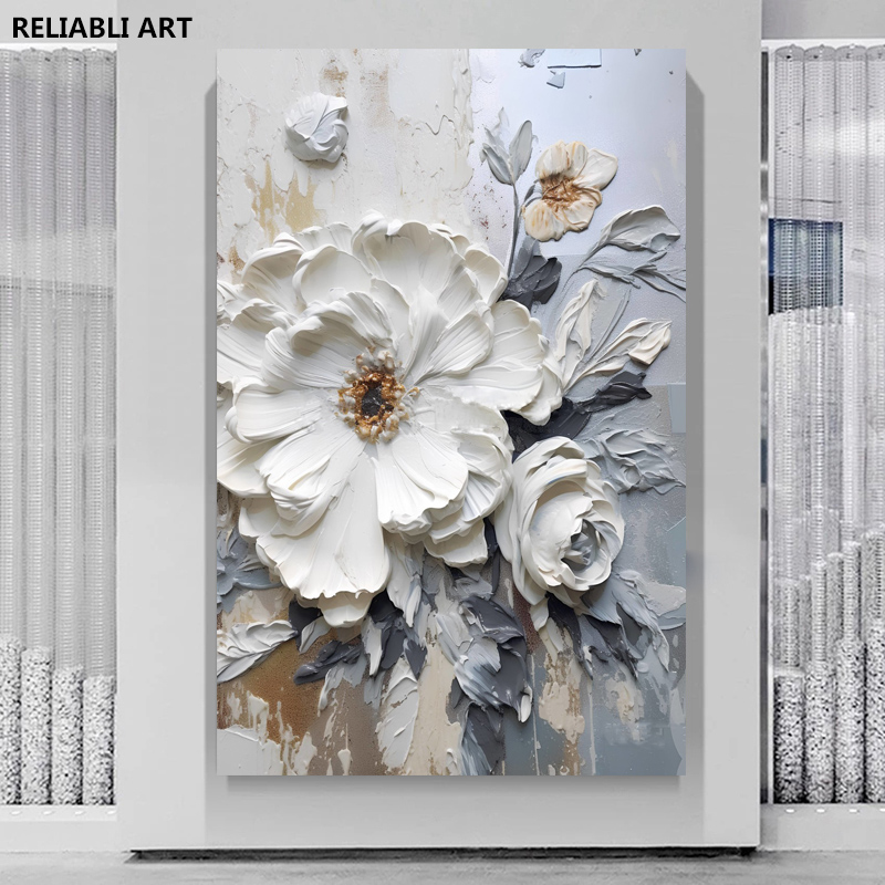 Pôster floral de estilo impasto, abstrato de flores brancas pintura de lona, imagem de arte de parede impressa, decoração da sala de estar moderna sem moldura