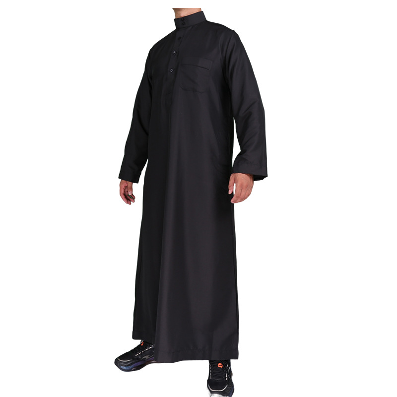 Arab Qatar Robe Middle Eastern Islamic Clothing Men's Black Thobe långärmad böndräkt