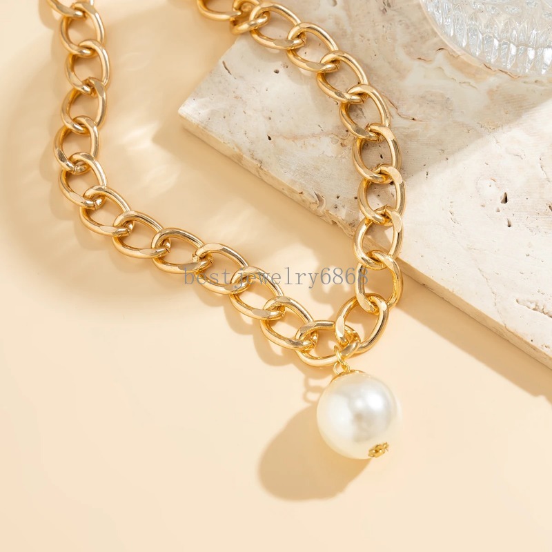 Punk Heavy Metal Cuban Chain Necklace Women 2024 Trend Chunky Thick Imitation Pearl Pendant Choker Grunge Jewely Steampunk