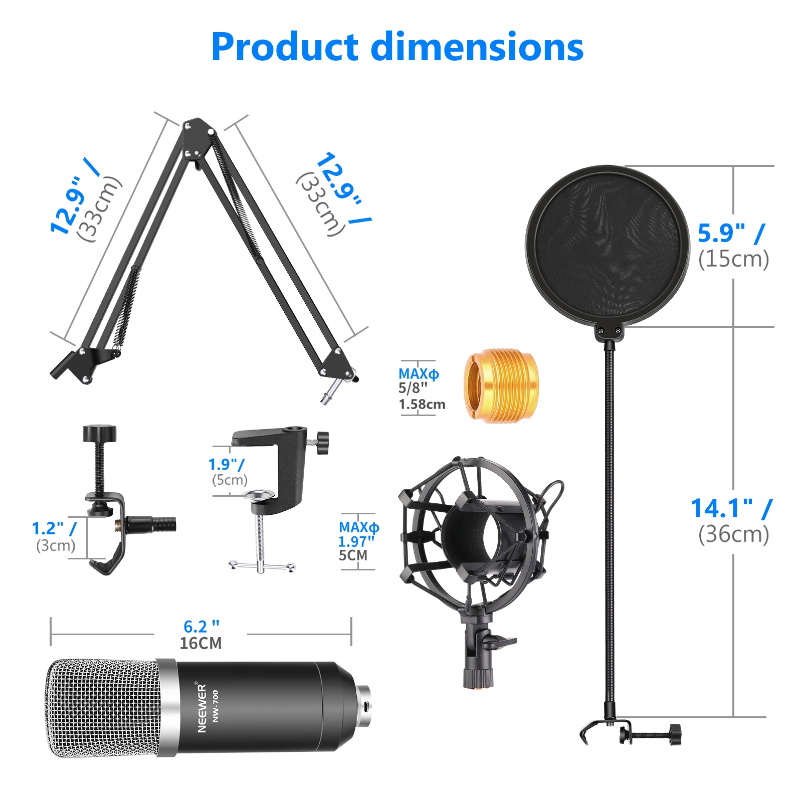 마이크 Neewer NW700 Professional Condenser Microphone Scissor Arm Stand+XLR 케이블+장착 클램프 팝 필터 48V Phantom 전원 공급 장치
