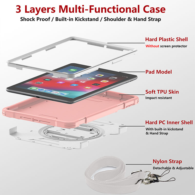 حالة وعرة لجهاز iPad الجديد 9.7 بوصة TPU+PC ، مقاوم للصدمات الثقيلة مع حزام يدوي 360 درجة Kickstand Rugged Full Body Protection Cover