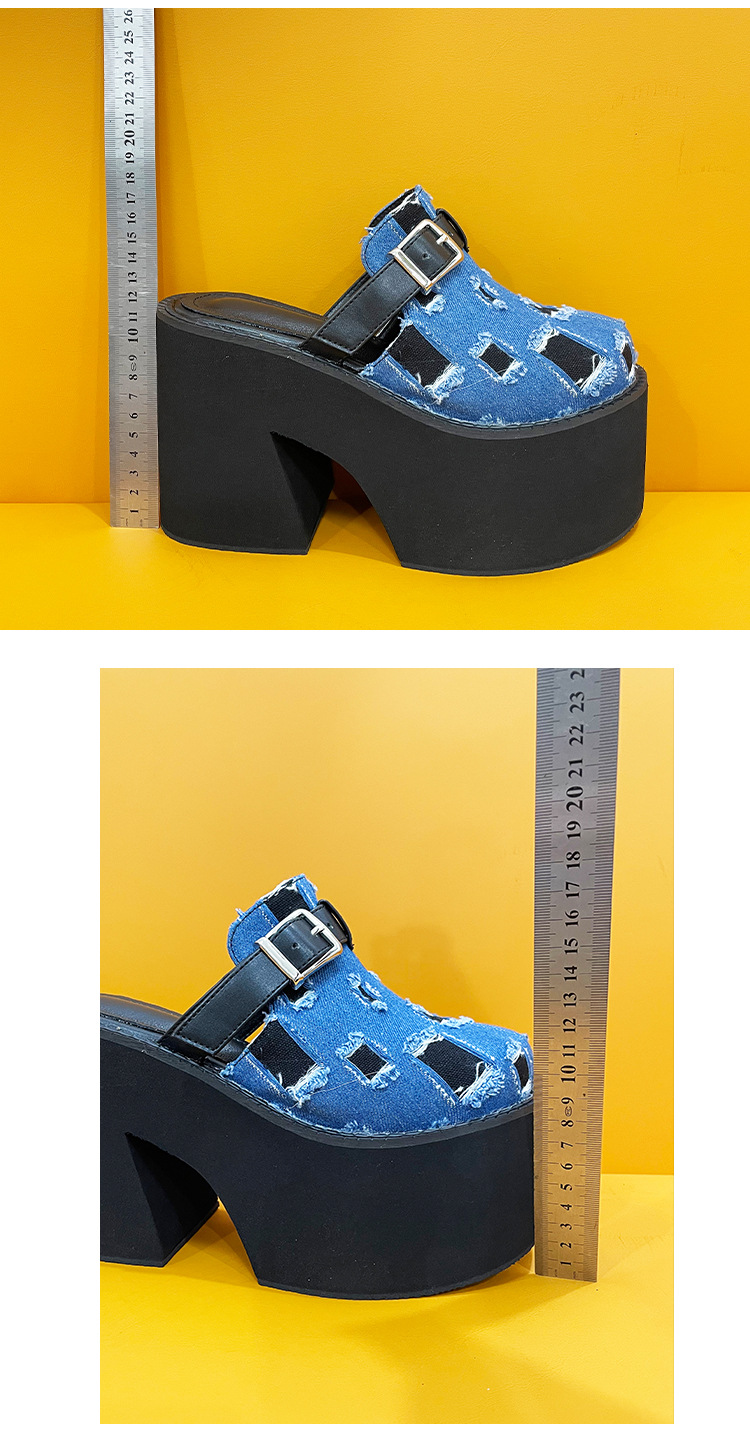 Spring/Summer Slippers for Women Wearing Thick Soled Heels Belt Buckles Blue Denim Cloth Broken Holes Big Head Thick Sole Cake High Platform Shoes