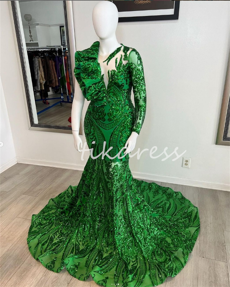 Luxe groene plus size prom -jurken Sparkly Pargin One Shoulder Mermaid avondjurken 2024 zwarte meisjes formeel verjaardagsfeestje aso ebi vestidos de noche robe de soiree