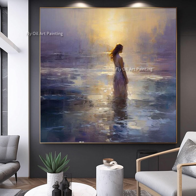 Lonely Woman in the Ocean 100% Handmade Sunset Seascape Canvas Art Woman in White Dress Textured Målning Abstrakt Oilmålning Modern konst för heminredning